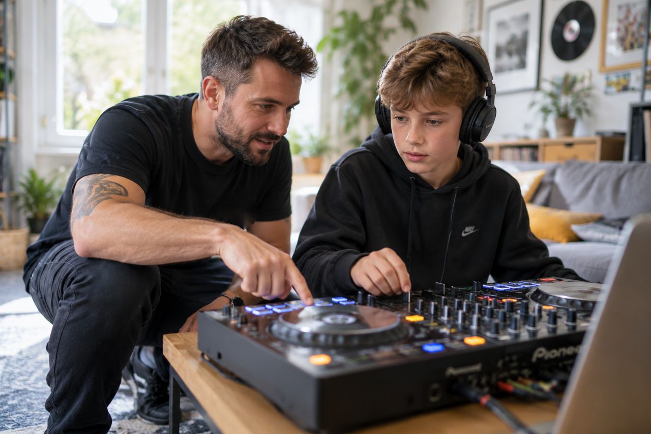 A DJ tutor showing a boy how to mix on a DJ controller at home
